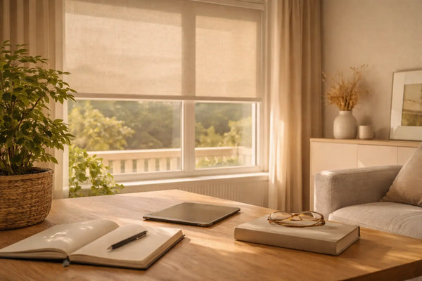 Una persiana exterior delante de la ventana filtra la luz de verano en una sala de estar moderna con una mesa, un portátil y una tableta.