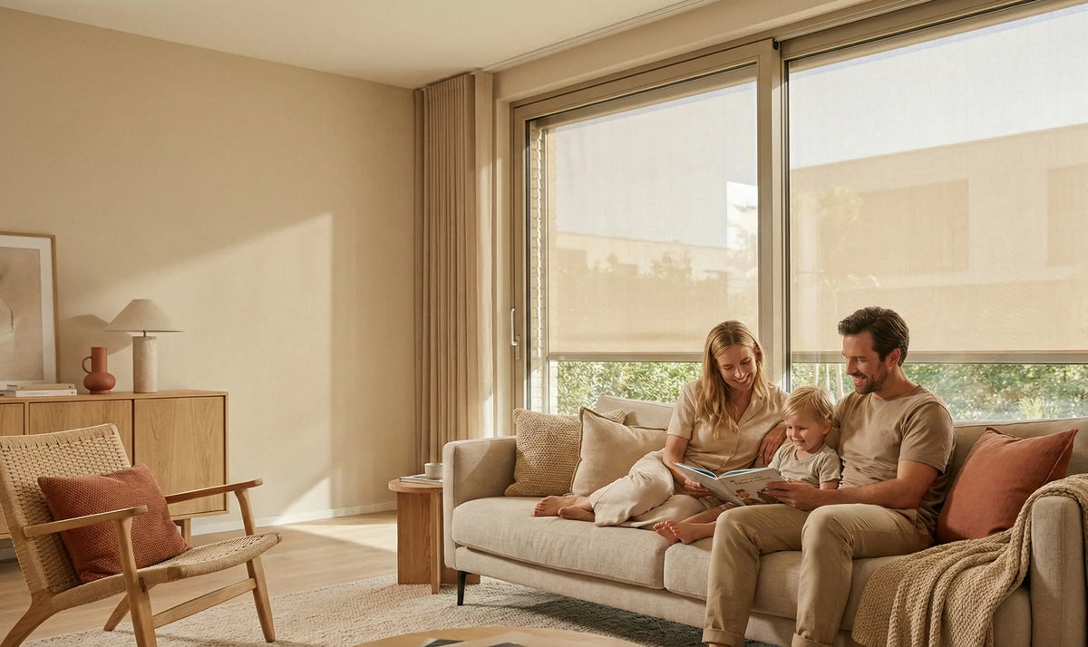 La familia se relaja en verano en la sala de estar, protegida del calor por una persiana enrollable montada exteriormente delante de la ventana.