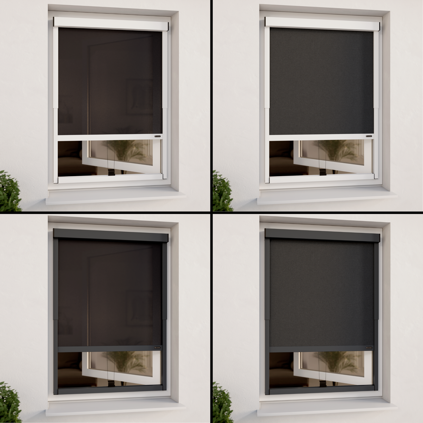 4 Außenrollo Varianten für Fenster am Fenster nebeneinander dargestellt. Außenrollo weiß mit Durchsicht Stoff
Außenrollo weiß mit Sichtschutz Stoff
Außenrollo grau mit Durchsicht Stoff
Außenrollo grau mit Sichtschutz Stoff