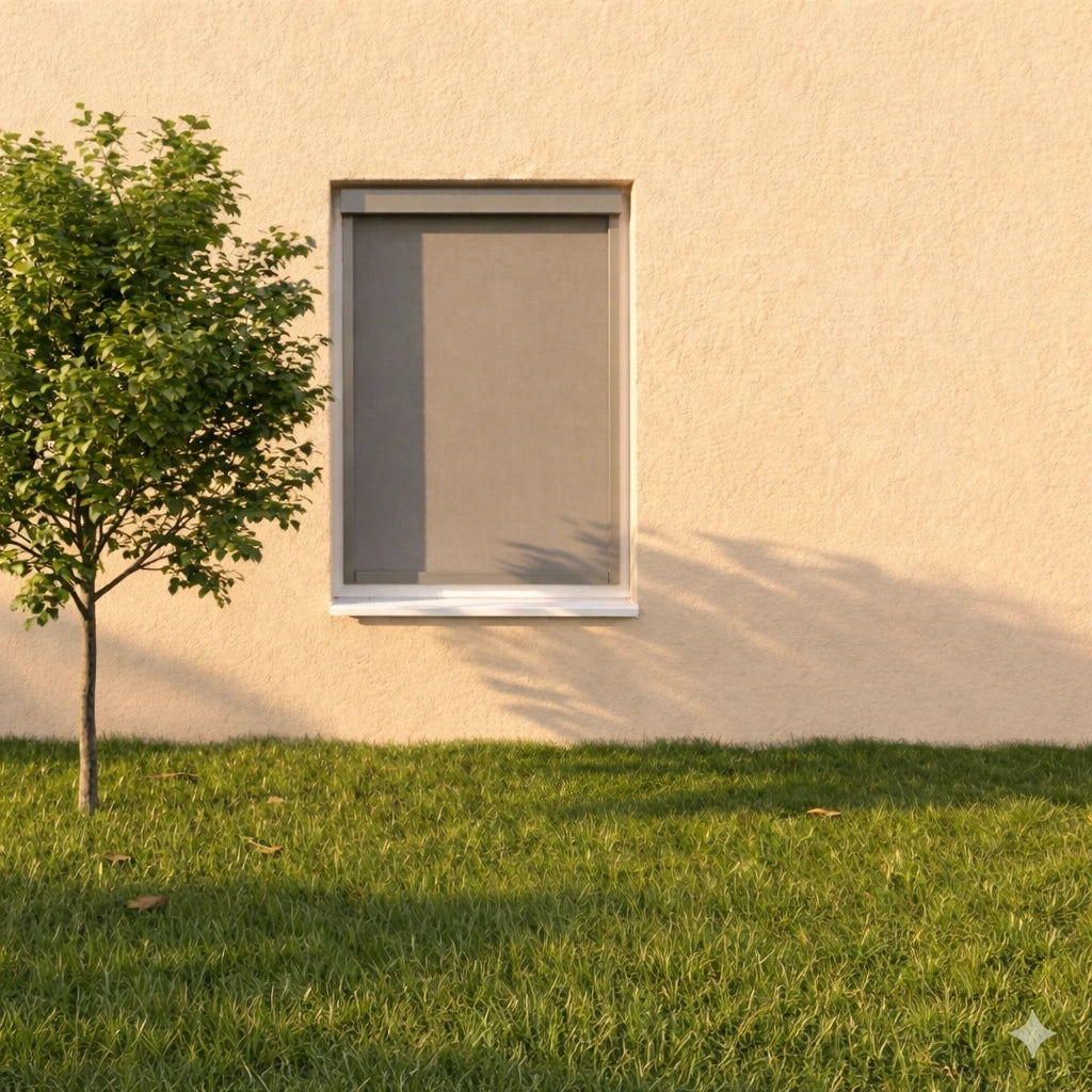 Außenansicht einer modernen Fassade mit Garten. Am Fenster ist das Außenrollo zum klemmen montiert und geschlossen.