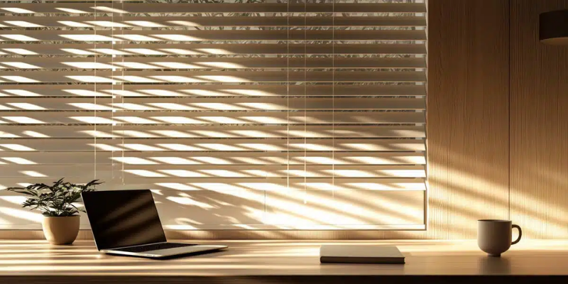 Schattenbild einer Jalousie an einem modern eingerichteten Homeoffice Arbeitsplatz
