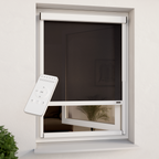 Außenrollo weiß  transparent am Fenster inklusive Darstellung Funkhandsender für die Motorbedienung