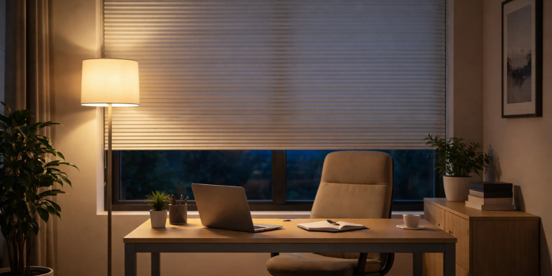 Modernes Homeoffice am Abend, mit Sichtschutz Plissee am Fenster